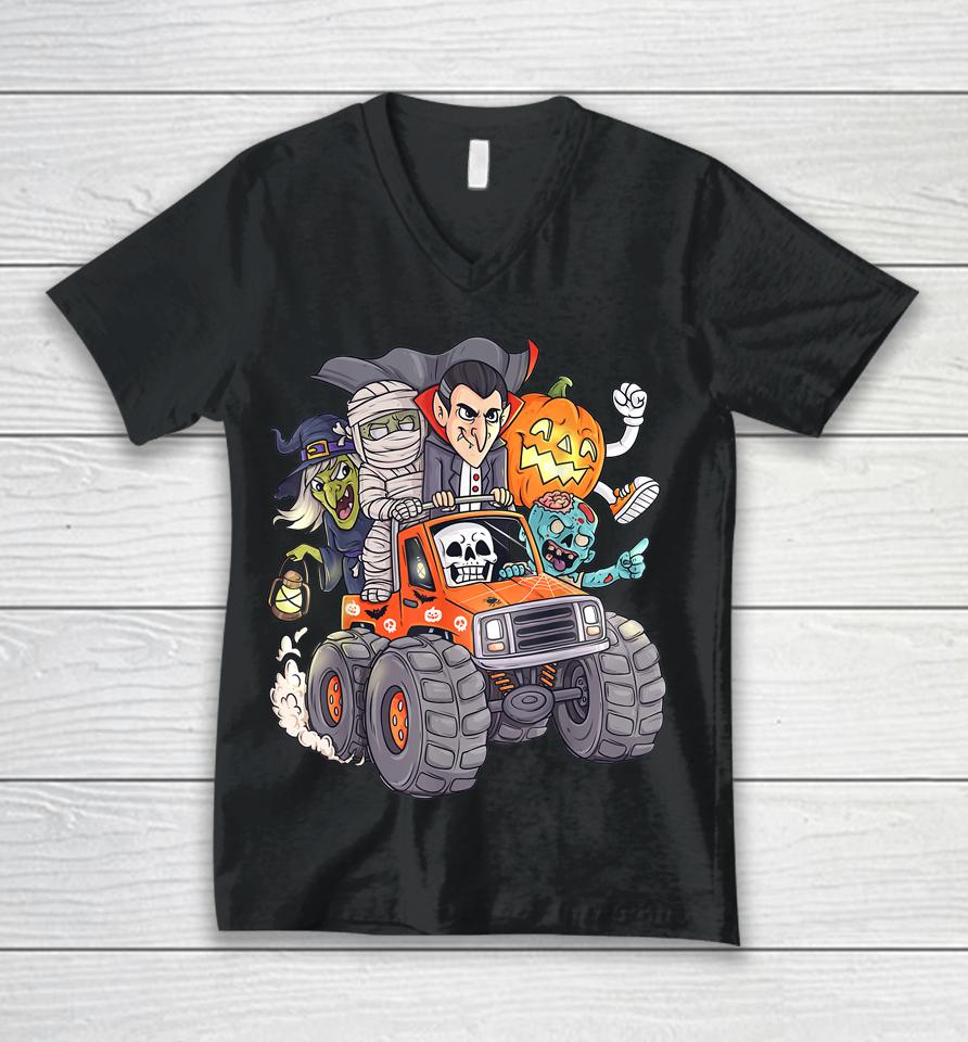 Halloween Skeleton Zombie Monster Truck Vampire Boys Unisex V-Neck T-Shirt