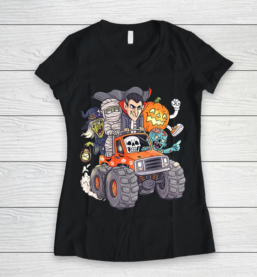 Halloween Skeleton Zombie Monster Truck Vampire Boys Women V-Neck T-Shirt