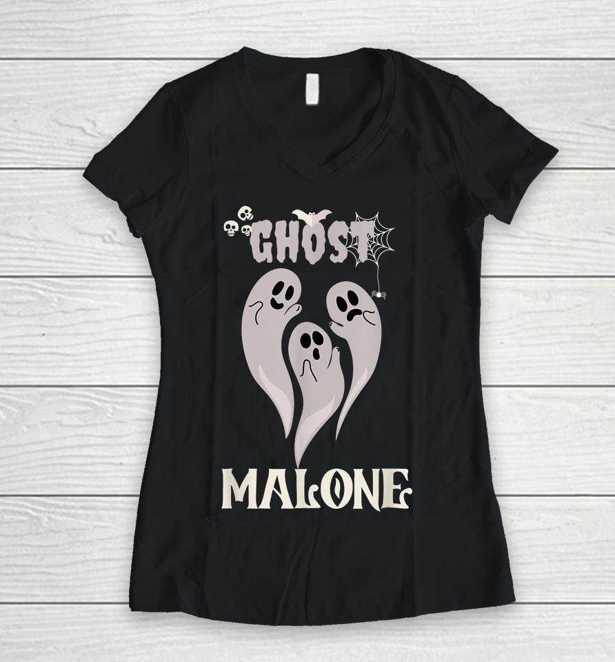 Halloween Spooky Season Fall Season Cute Ghost Malone Women V-Neck T-Shirt