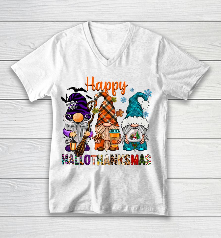 Halloween Thanksgiving Christmas Happy Hallothanksmas Gnomes Unisex V-Neck T-Shirt