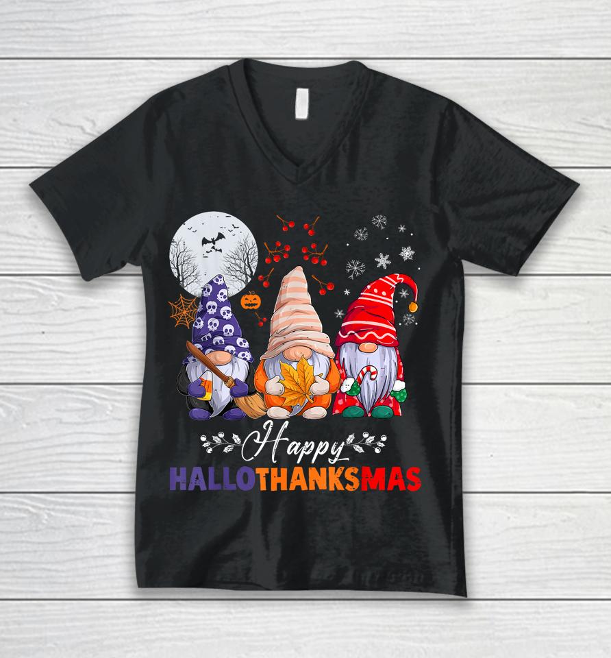 Halloween Thanksgiving Christmas Happy Hallothanksmas Gnomes Unisex V-Neck T-Shirt