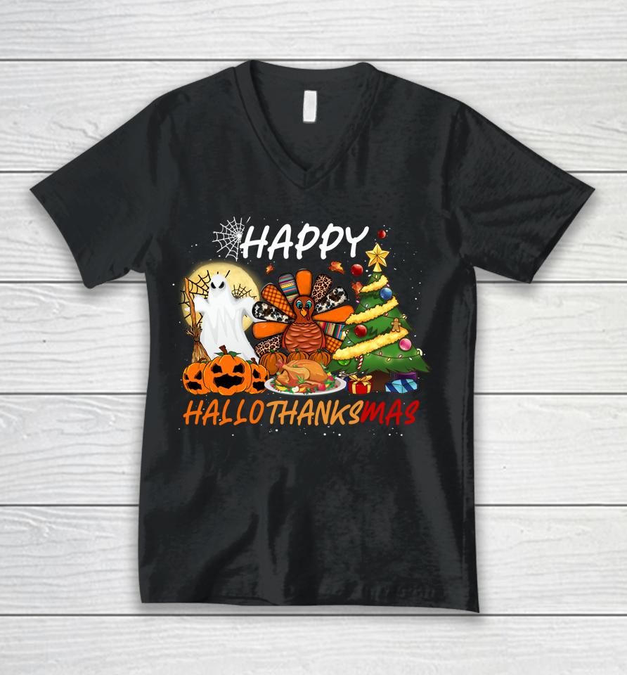 Halloween Thanksgiving Christmas Happy Hallothanksmas Unisex V-Neck T-Shirt