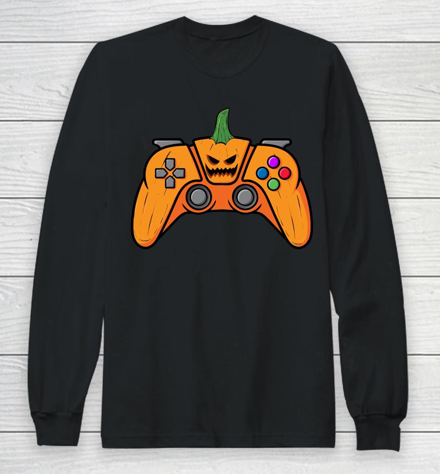 Halloween Video Game Controller With Pumpkin Face Gaming Long Sleeve T-Shirt