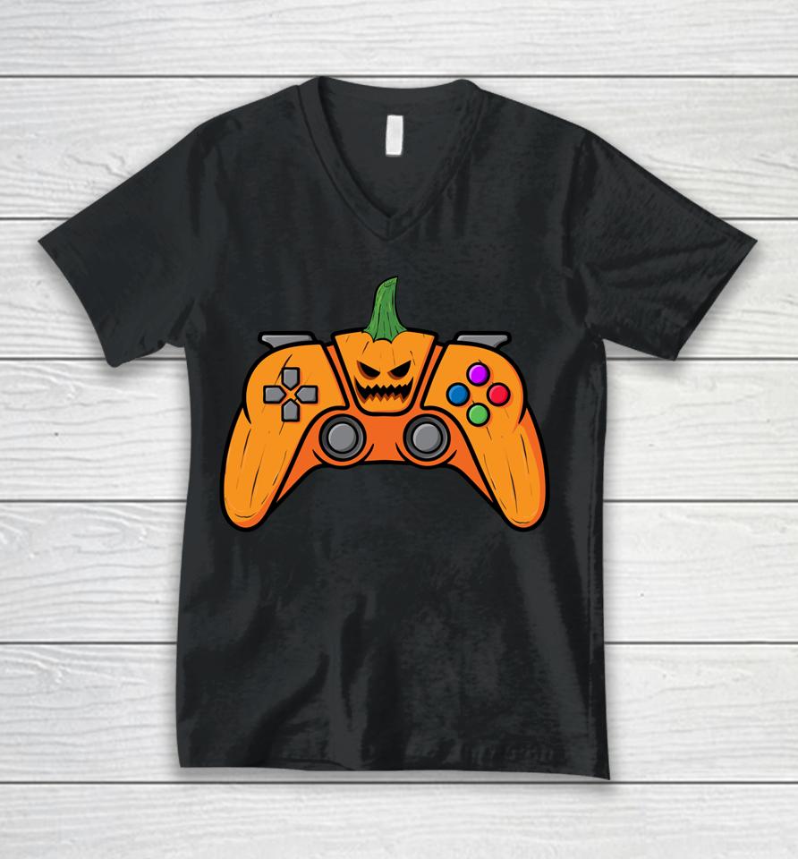 Halloween Video Game Controller With Pumpkin Face Gaming Unisex V-Neck T-Shirt