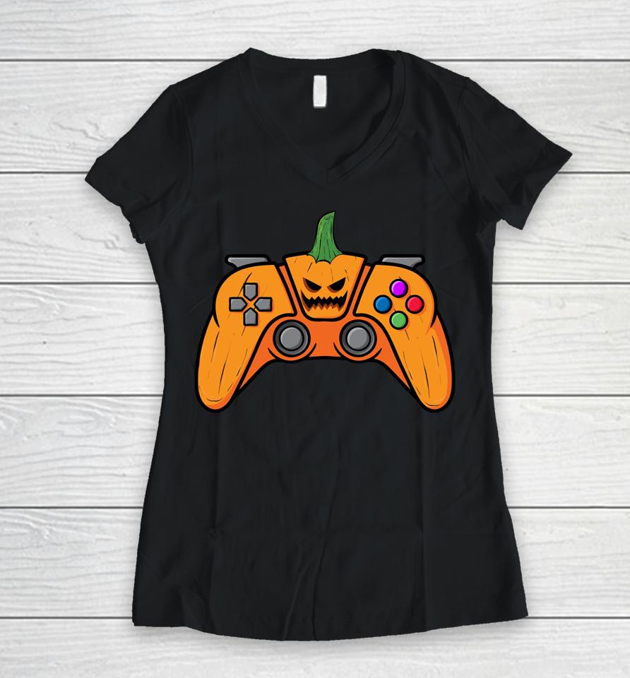 Halloween Video Game Controller With Pumpkin Face Gaming Women V-Neck T-Shirt