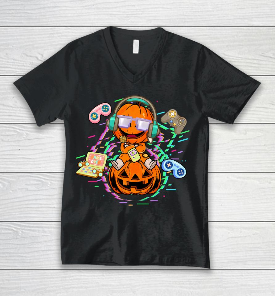 Halloween Video Gamer Pumpkin Jack O Lantern Unisex V-Neck T-Shirt