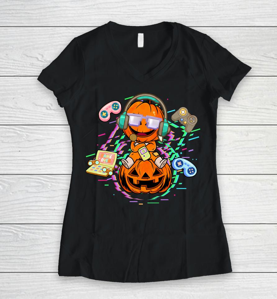 Halloween Video Gamer Pumpkin Jack O Lantern Women V-Neck T-Shirt