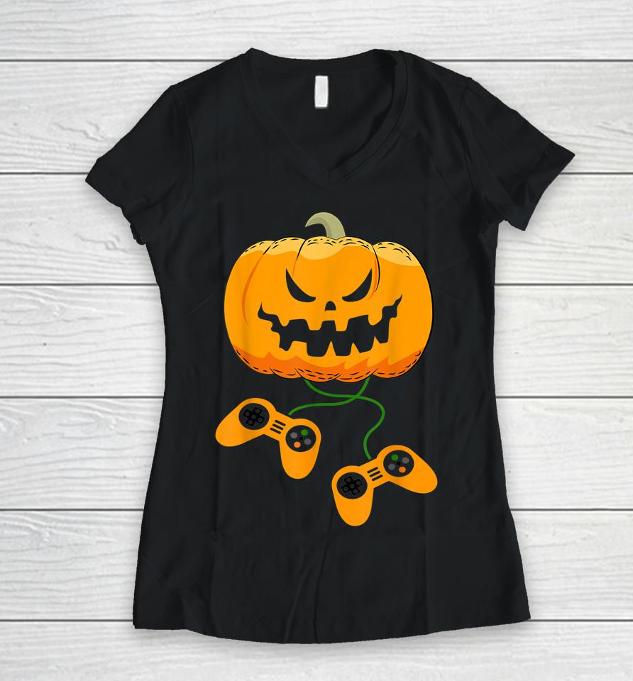 Halloween Video Gamer Pumpkin Jack O Lantern Women V-Neck T-Shirt