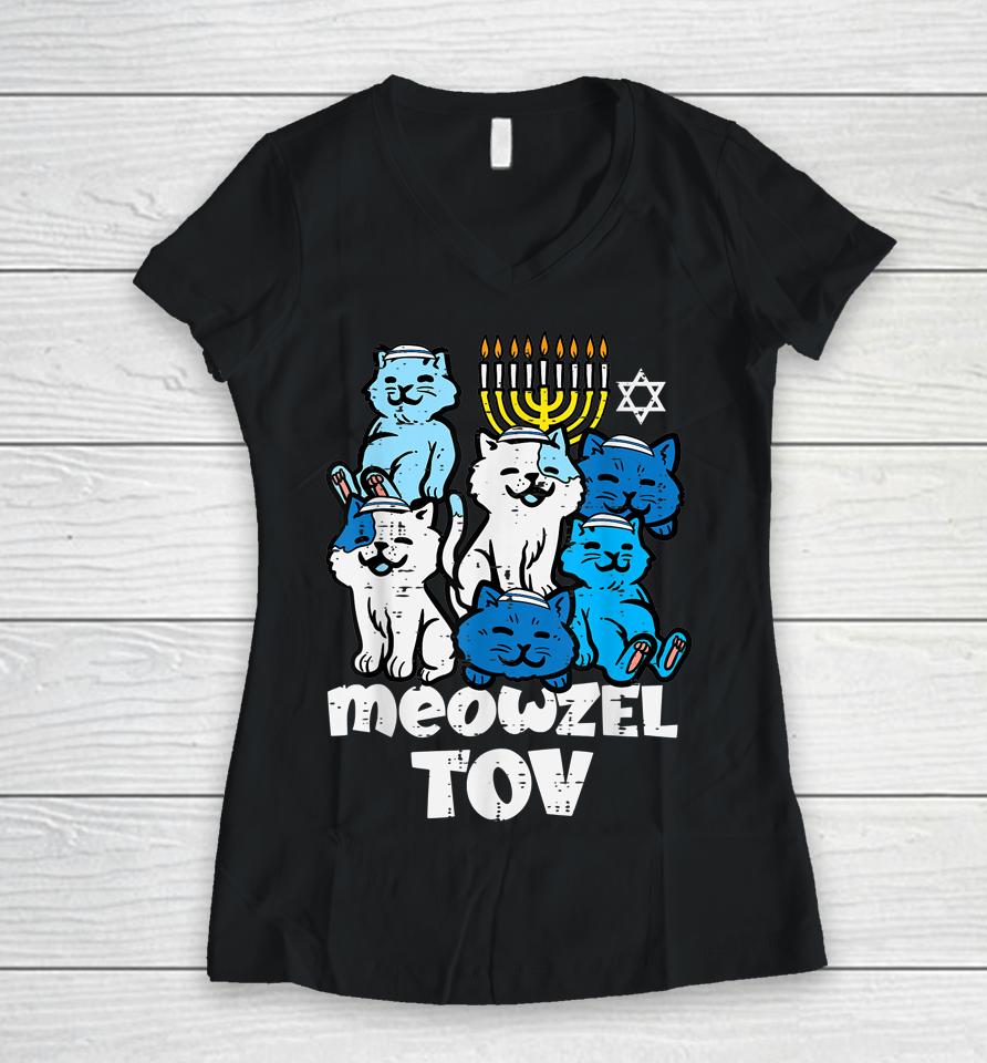 Hanukkah Cats Meowzel Tov Chanukah Jewish Women V-Neck T-Shirt