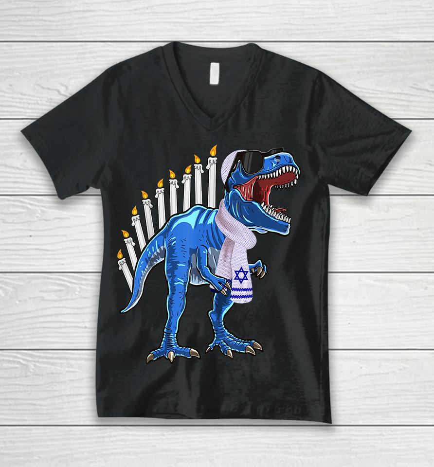 Hanukkah Dinosaur Menorasaurus T Rex Unisex V-Neck T-Shirt