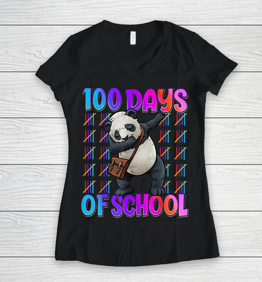 Happy 100 Days Of School 100 Days Smarter Dabbing Panda Women V-Neck T-Shirt