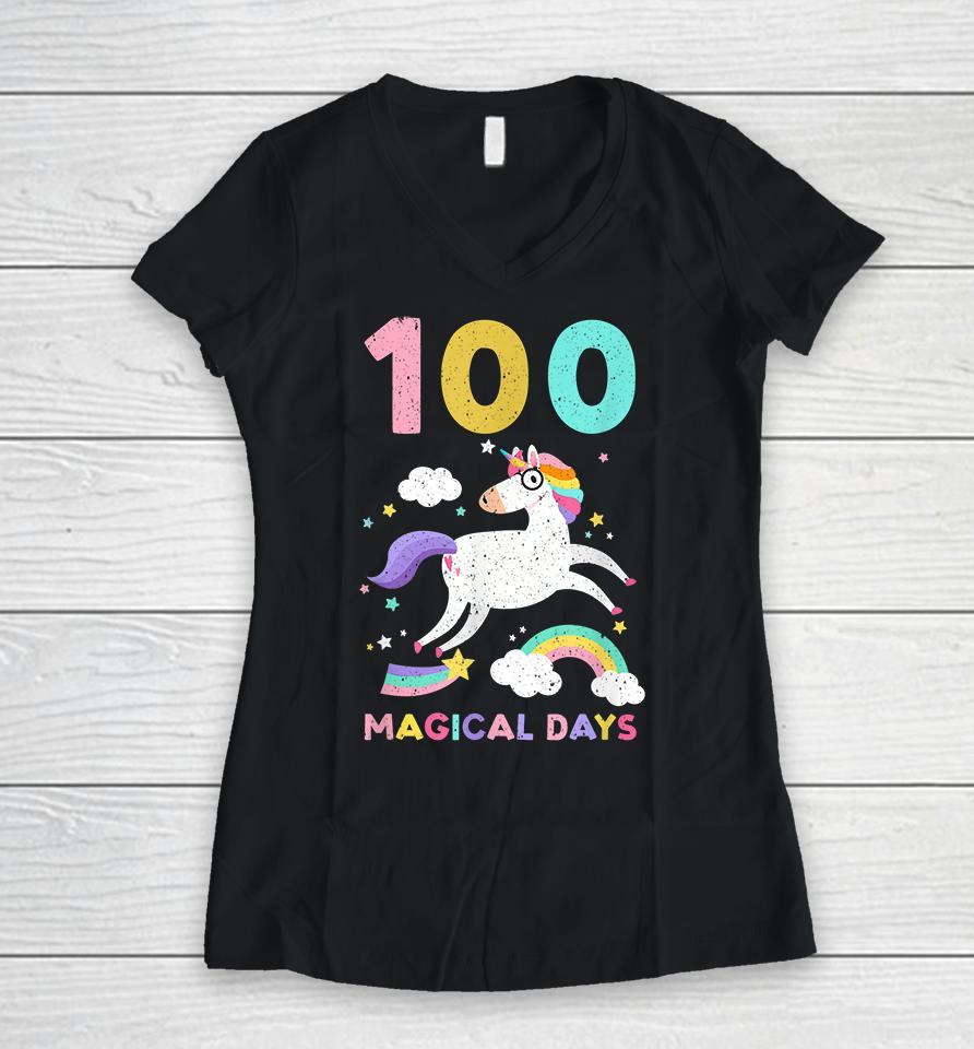 Happy 100Th Magical Day Of School Unicorn Teacher Student Women V-Neck T-Shirt