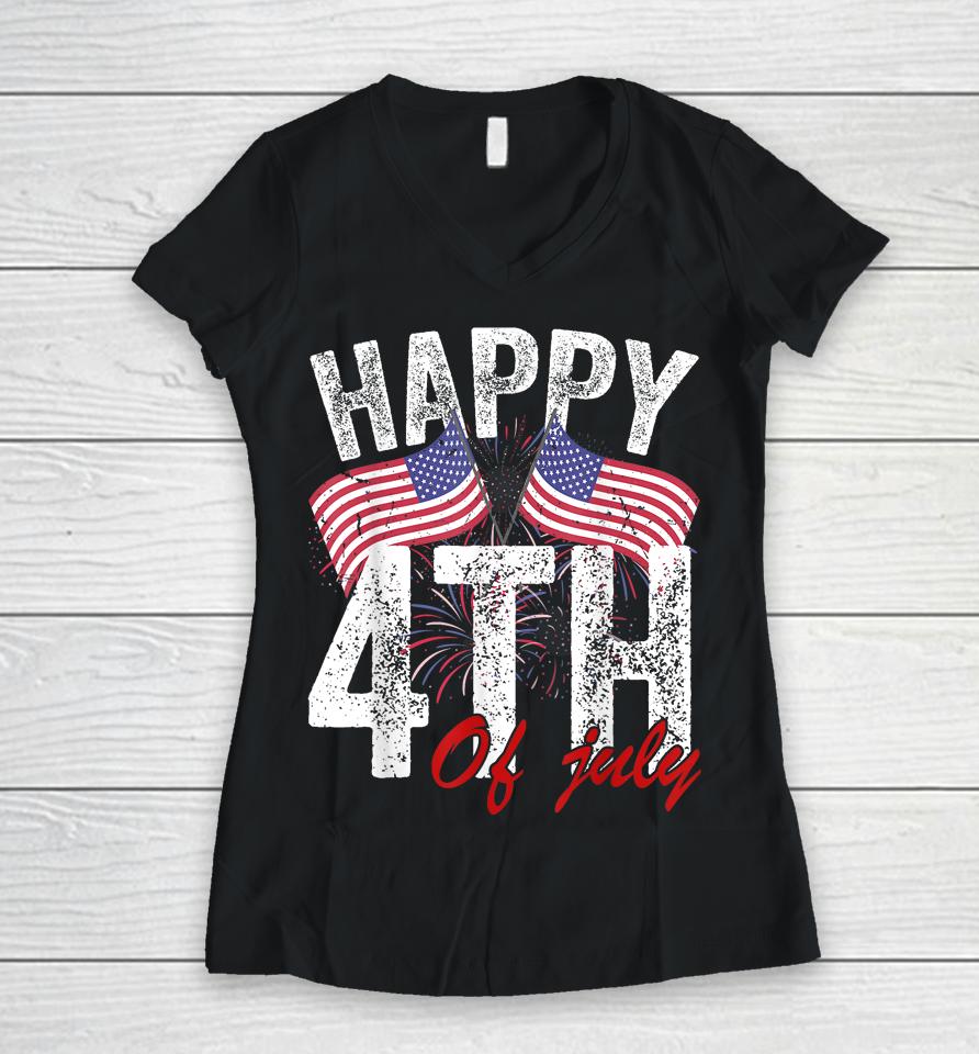 Happy 4Th Of July American Flag Usa Patriotic Women V-Neck T-Shirt