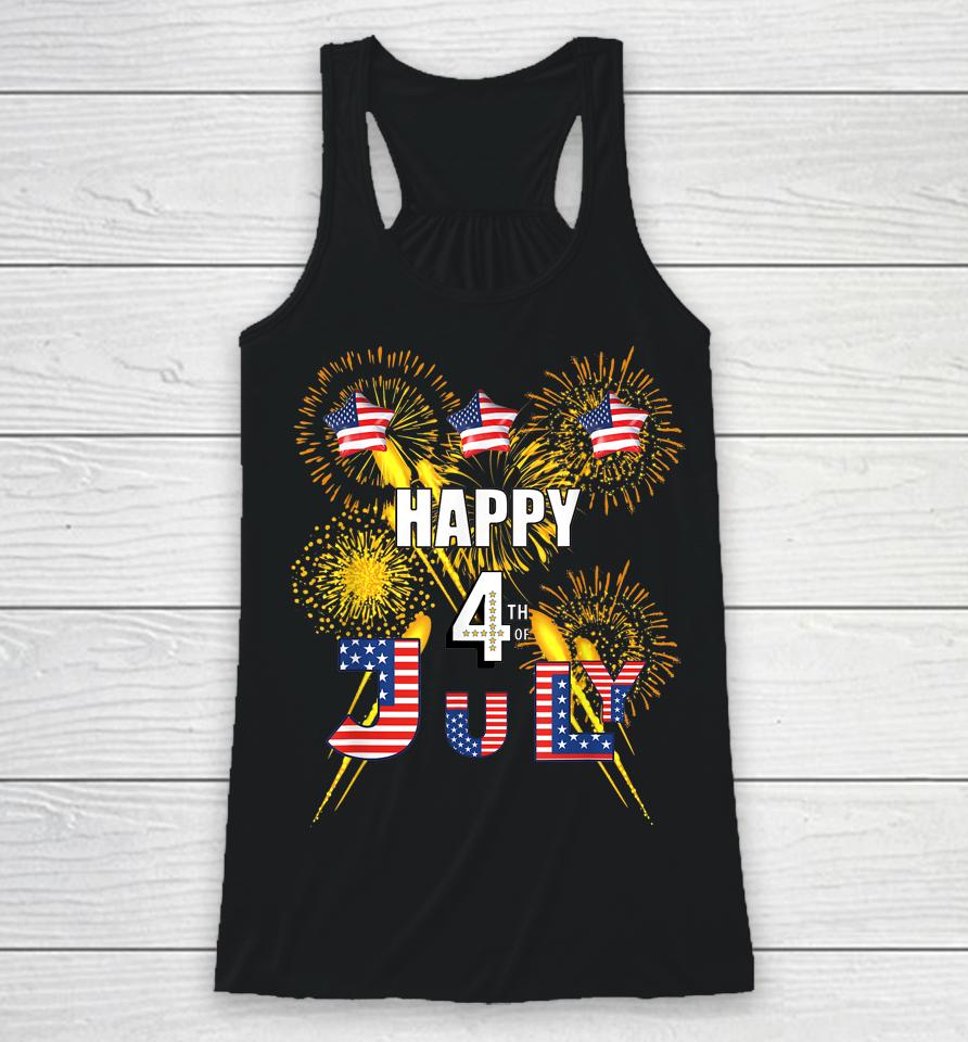 Happy 4Th Of July Flag Fireworks Balloons Racerback Tank