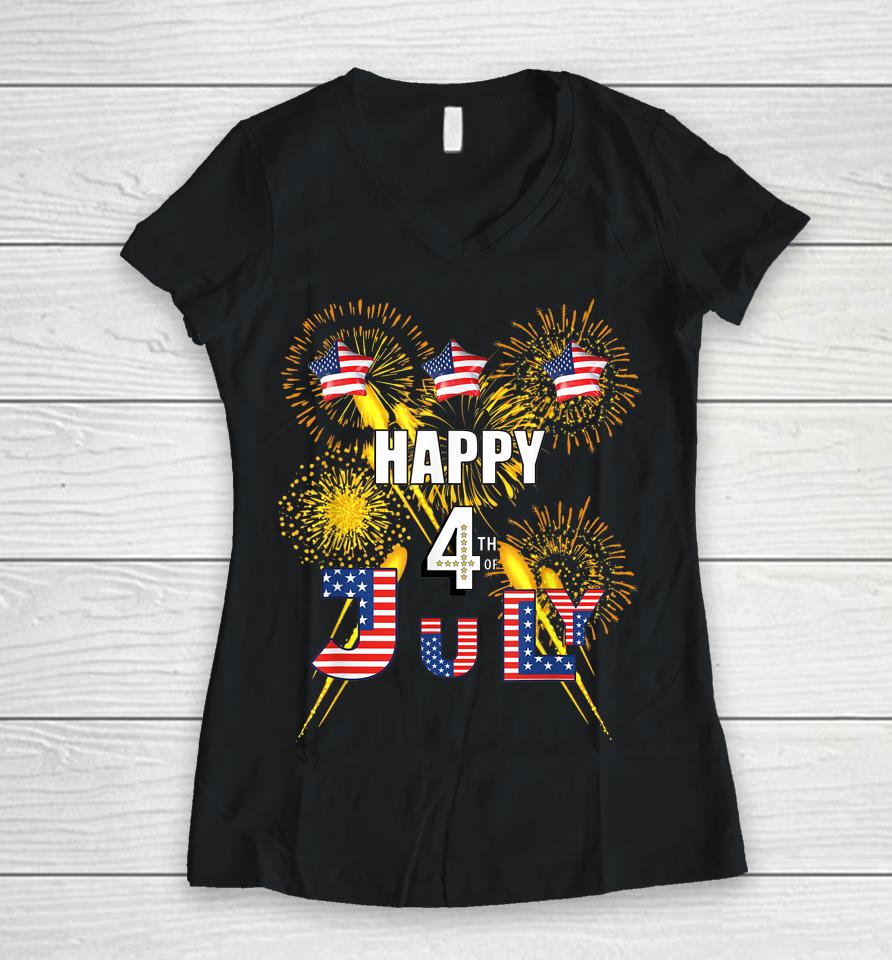 Happy 4Th Of July Flag Fireworks Balloons Women V-Neck T-Shirt