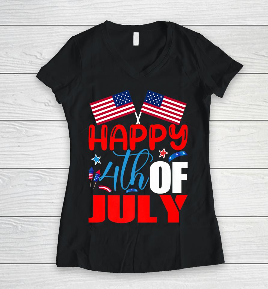 Happy 4Th Of July Independence Day Usa American Flag Women V-Neck T-Shirt