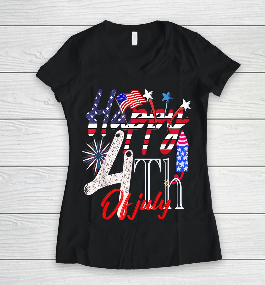 Happy 4Th Of July Patriotic American Us Flag 4Th Of July Women V-Neck T-Shirt