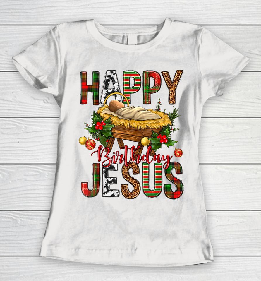 Happy Birthday Jesus Christmas Christ Cow Print Women T-Shirt