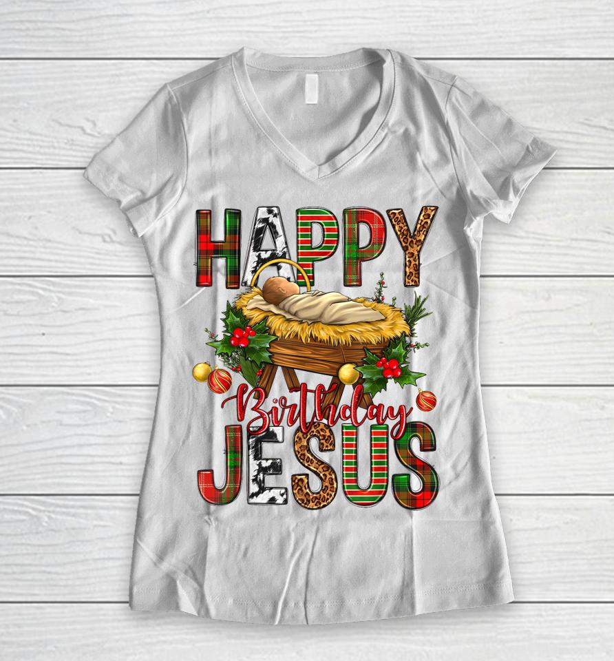 Happy Birthday Jesus Christmas Christ Cow Print Women V-Neck T-Shirt