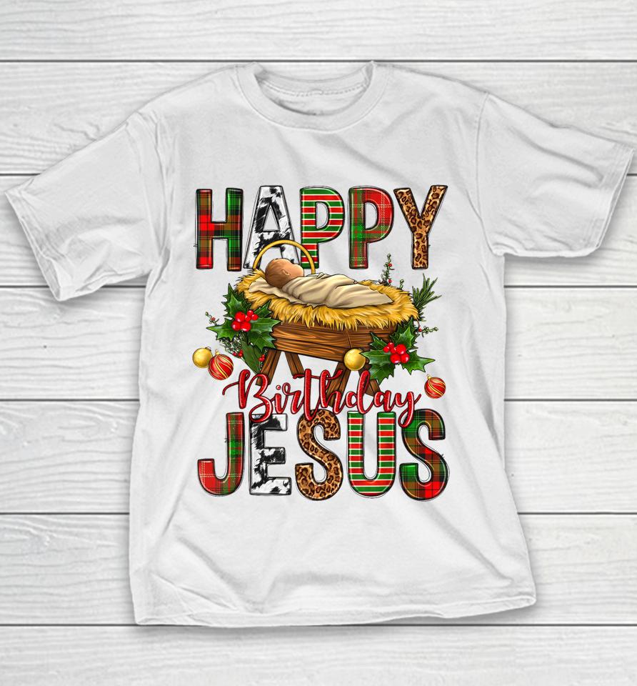 Happy Birthday Jesus Christmas Christ Cow Print Youth T-Shirt