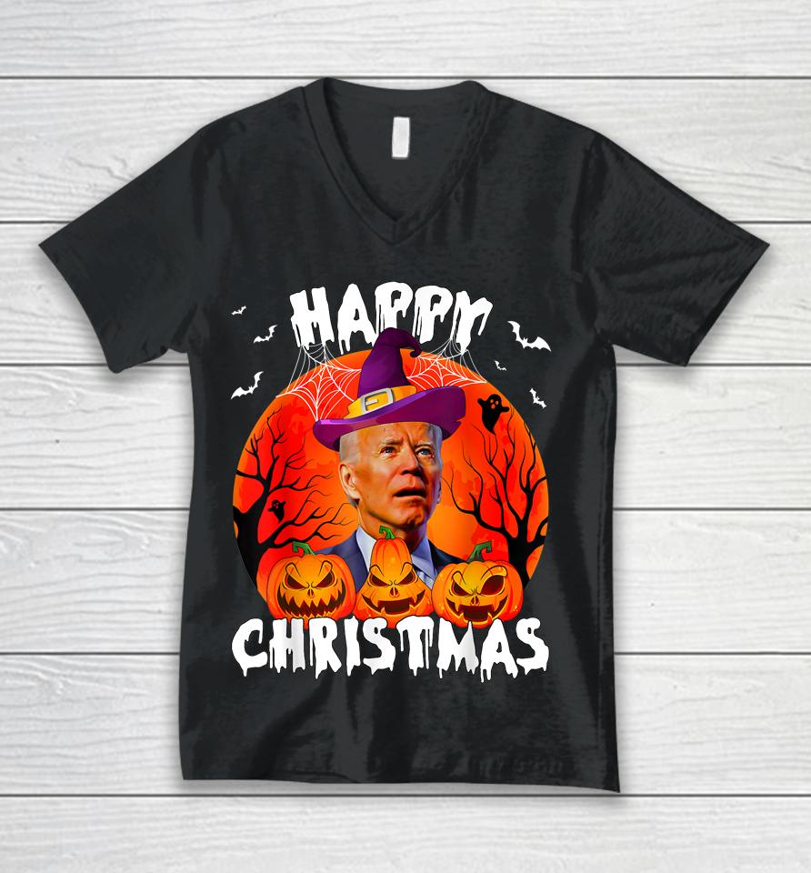 Happy Christmas Anti Joe Biden Funny Halloween 2022 Pumpkin Unisex V-Neck T-Shirt