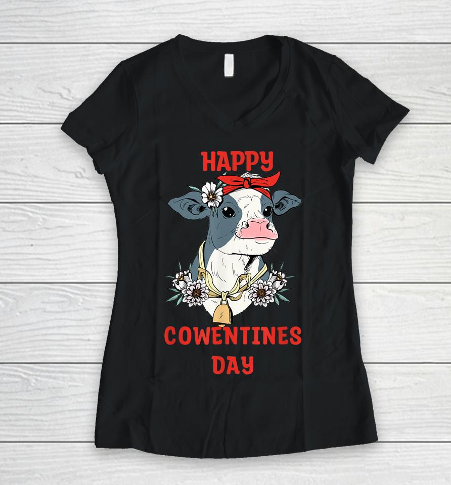 Happy Cowentines Farm Cow Valentine's Day Women V-Neck T-Shirt