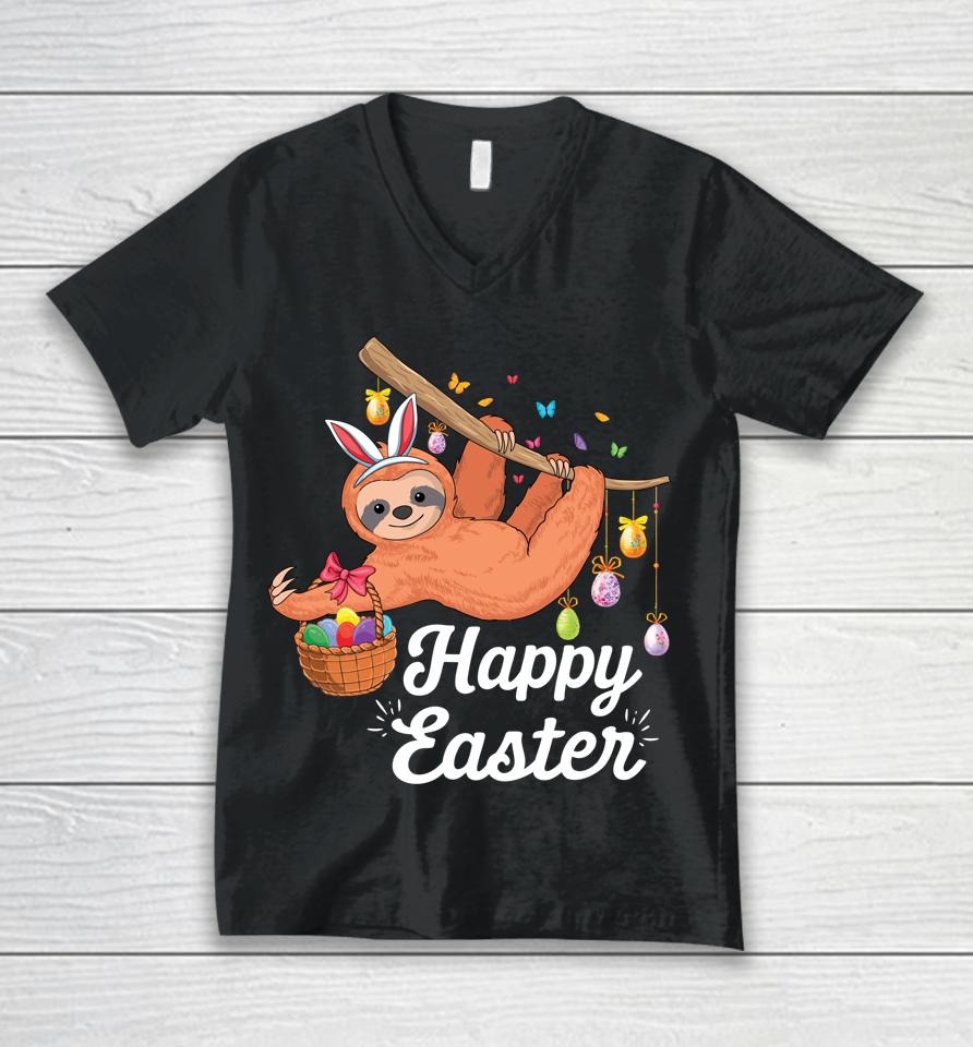 Happy Cute Sloth With Bunny Ears &Amp; Egg Hunting Easter Sloth Unisex V-Neck T-Shirt