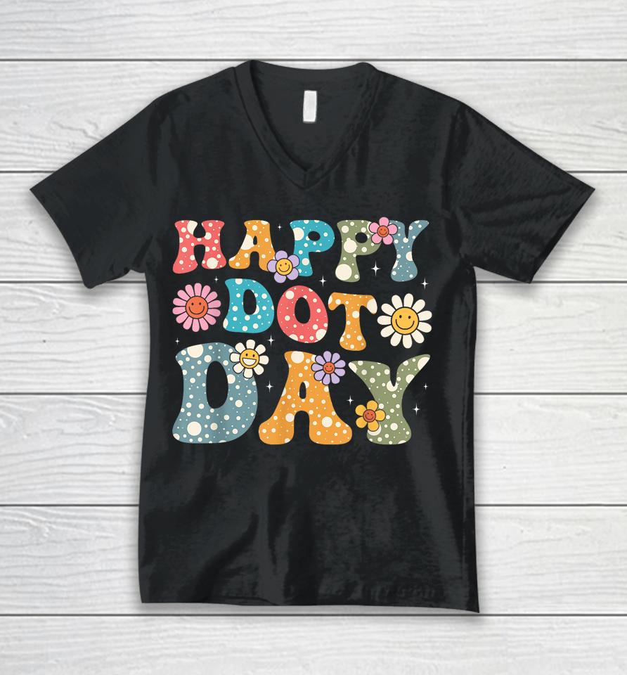 Happy Dot Day Hippie Flowers Retro Groovy Unisex V-Neck T-Shirt
