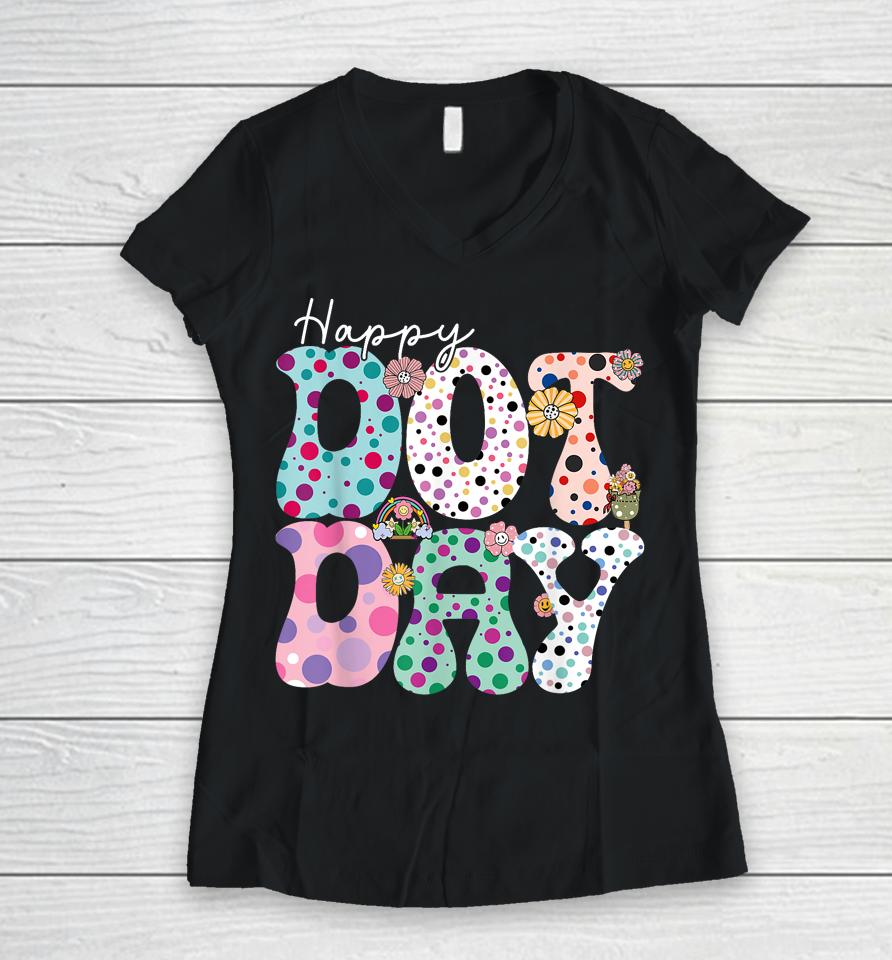 Happy Dot Day Hippie Flowers Women V-Neck T-Shirt