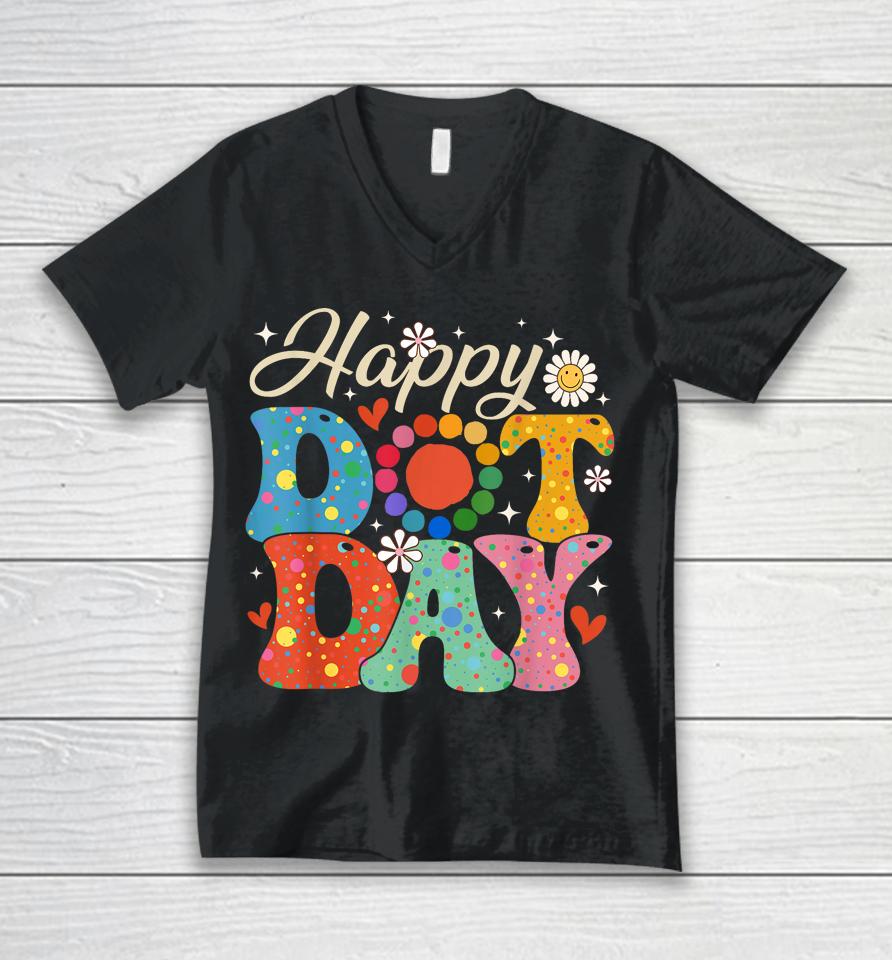 Happy Dot Day Hippie Flowers Smile Face Groovy Teacher Unisex V-Neck T-Shirt