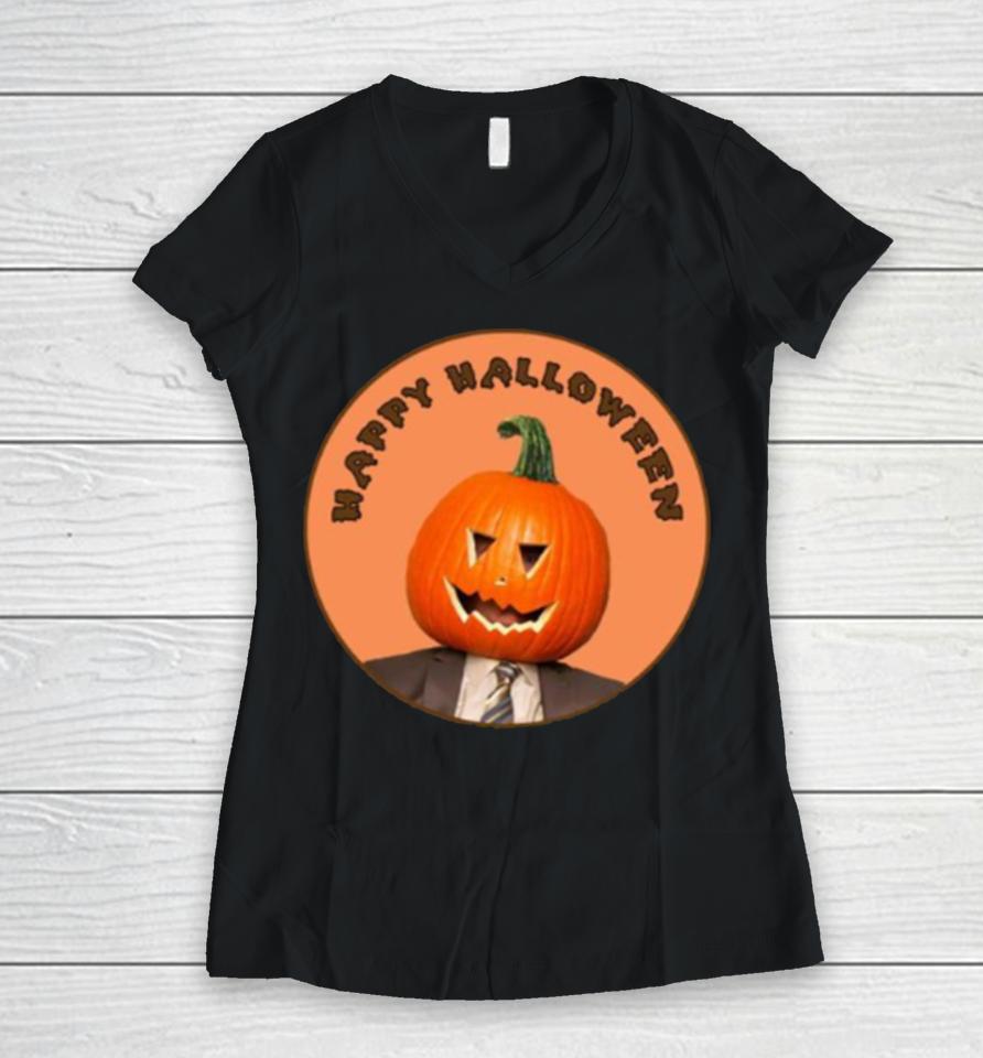 Happy Dwight Shrute The Office Pumpkin Head Halloween Women V-Neck T-Shirt
