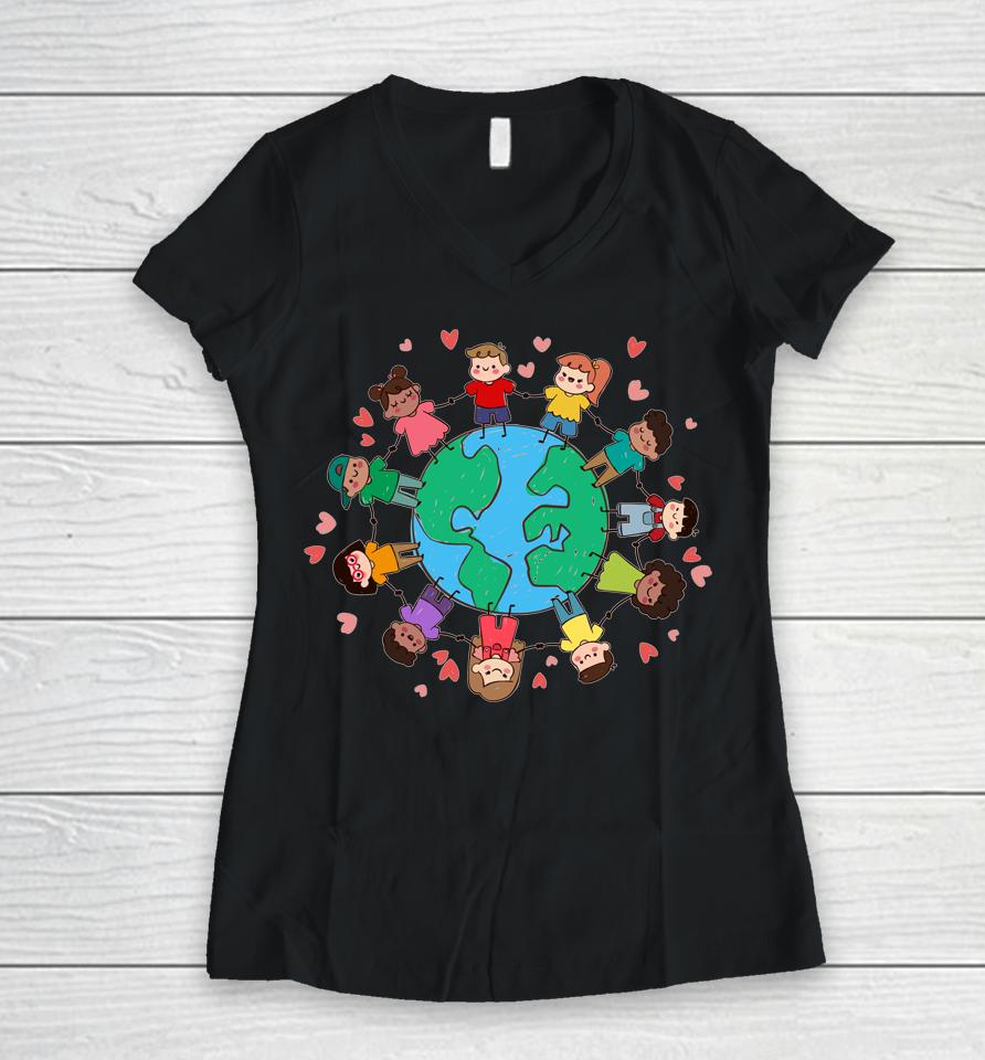 Happy Earth Day Children Around The World Women V-Neck T-Shirt