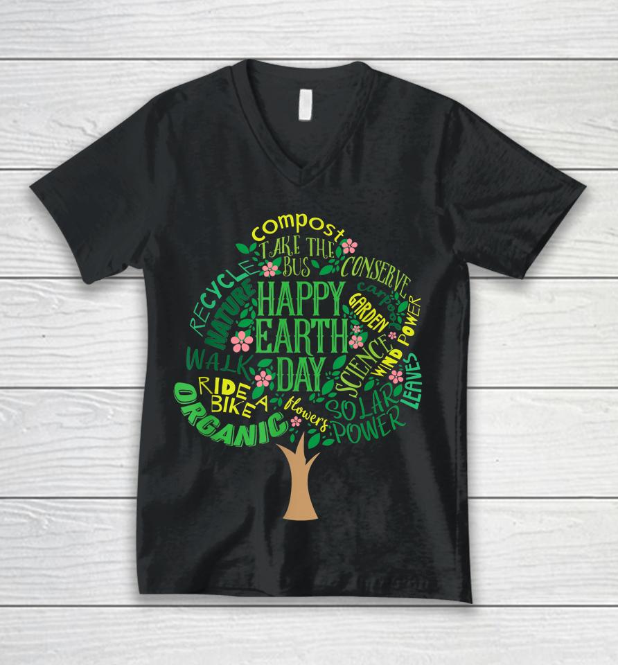 Happy Earth Day Cute Tree Drawing Unisex V-Neck T-Shirt