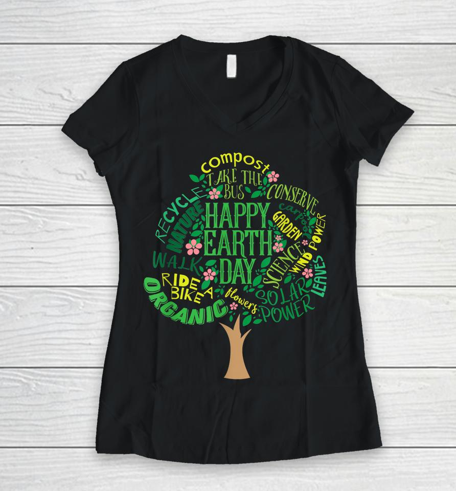 Happy Earth Day Cute Tree Drawing Women V-Neck T-Shirt