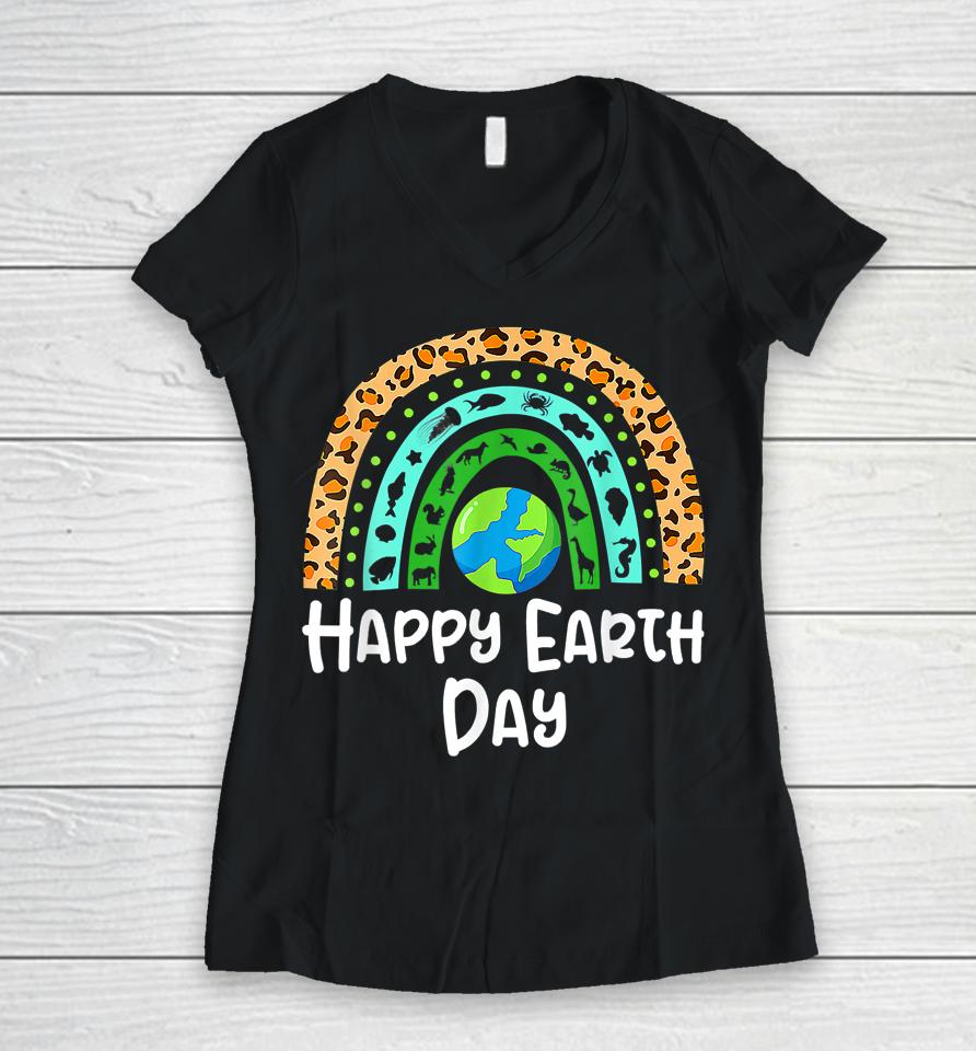 Happy Earth Day Rainbow Cute Earth Women V-Neck T-Shirt