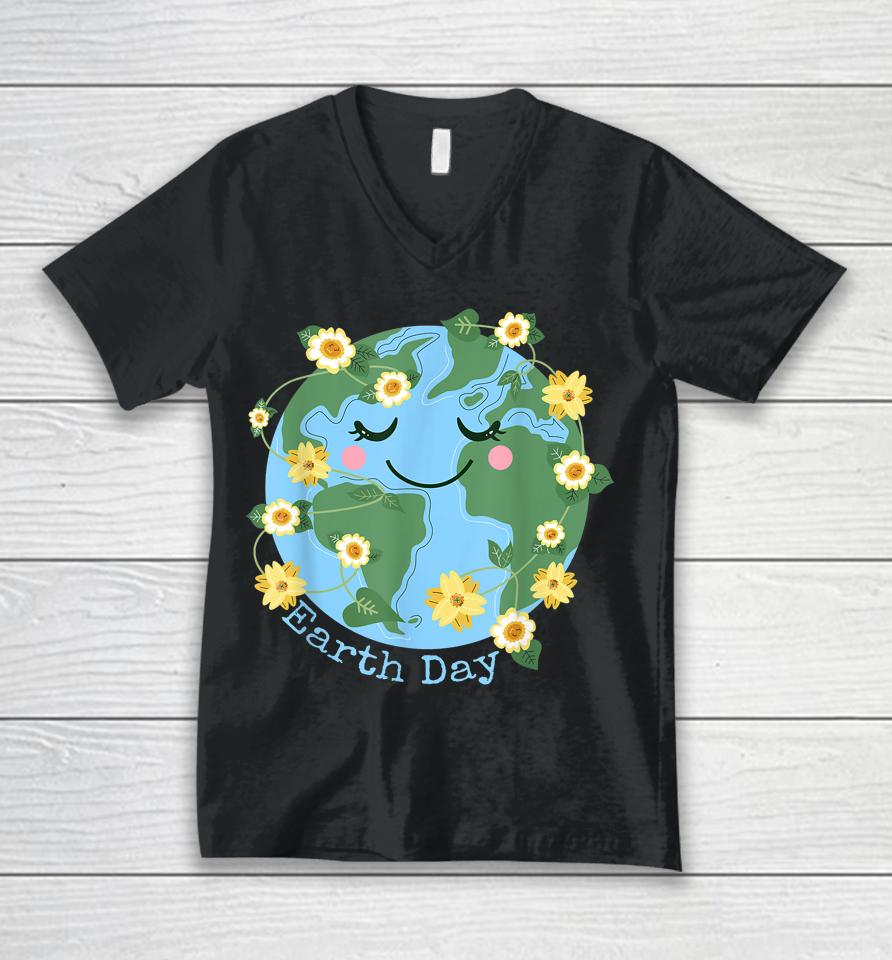 Happy Earth Day Shirt Cute Earth With Floral Earth Day 2023 Unisex V-Neck T-Shirt