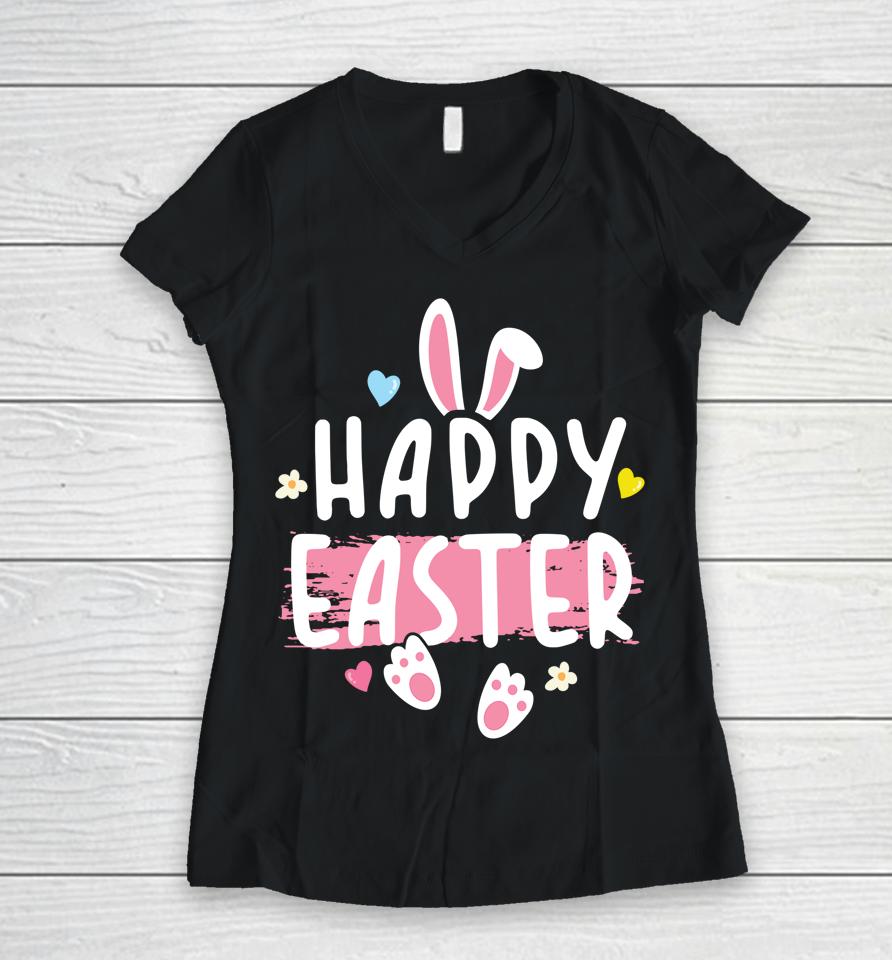 Happy Easter Bunny Rabbit Face Funny Easter Day Women V-Neck T-Shirt