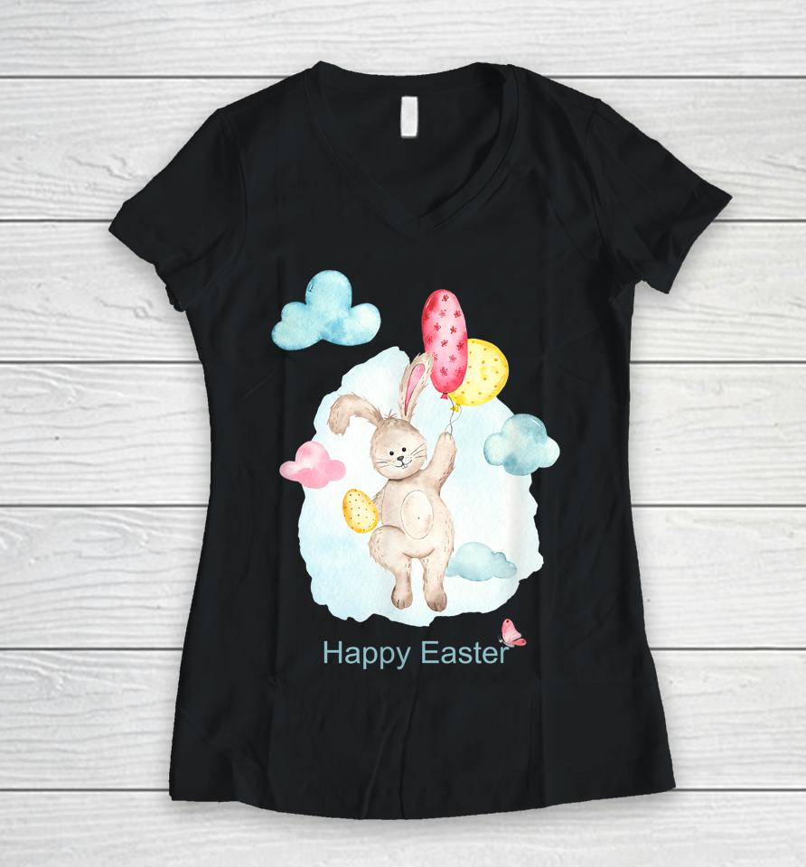 Happy Easter Card Cute Bunny Women V-Neck T-Shirt