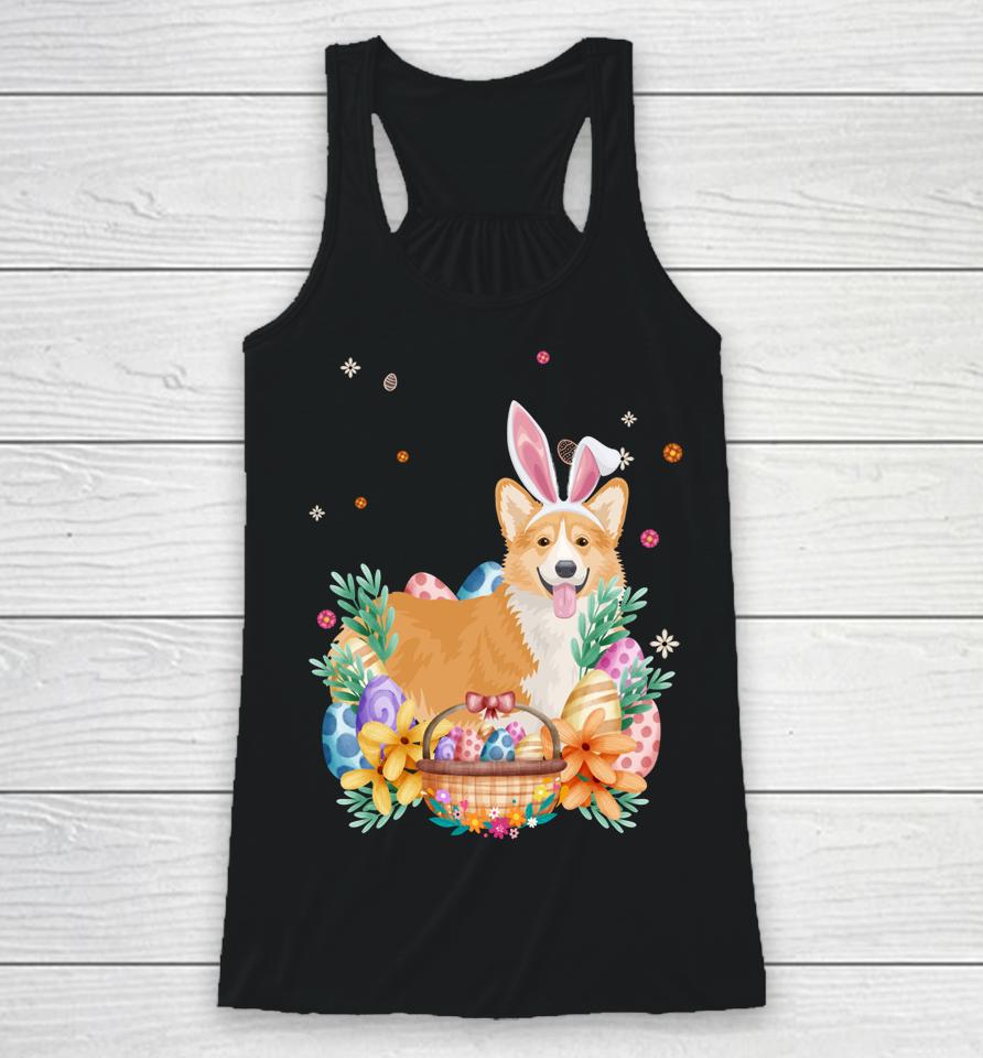 Happy Easter Cute Bunny Corgi Wearing Bunny Ears Racerback Tank