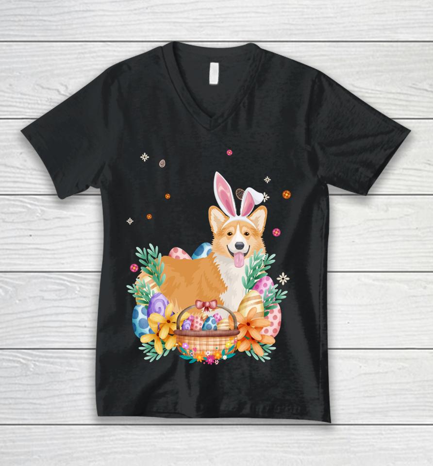 Happy Easter Cute Bunny Corgi Wearing Bunny Ears Unisex V-Neck T-Shirt