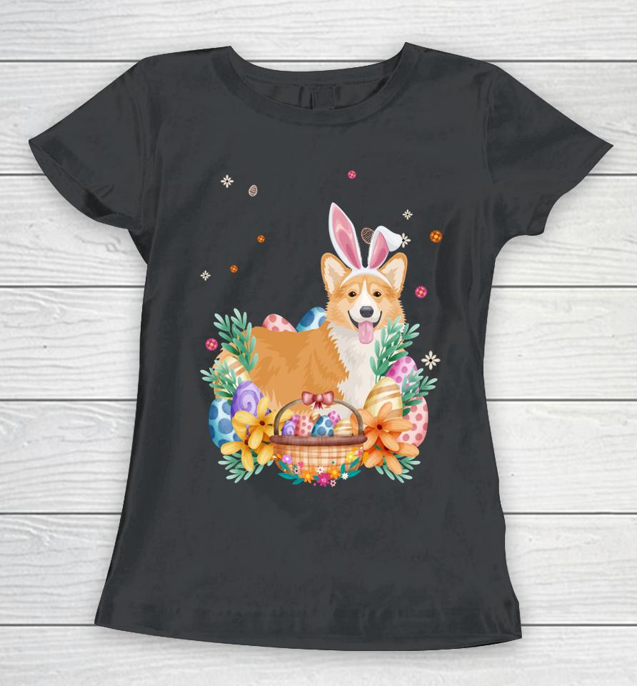 Happy Easter Cute Bunny Corgi Wearing Bunny Ears Women T-Shirt