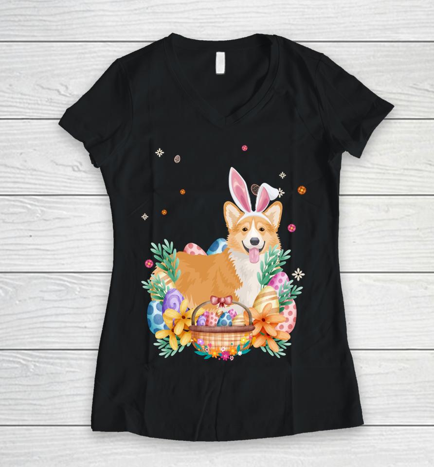 Happy Easter Cute Bunny Corgi Wearing Bunny Ears Women V-Neck T-Shirt