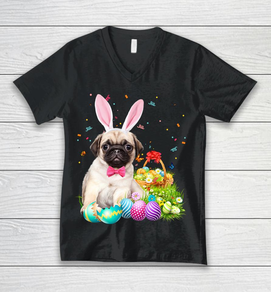 Happy Easter Cute Bunny Dog Pug Eggs Basket Funny Gift Unisex V-Neck T-Shirt