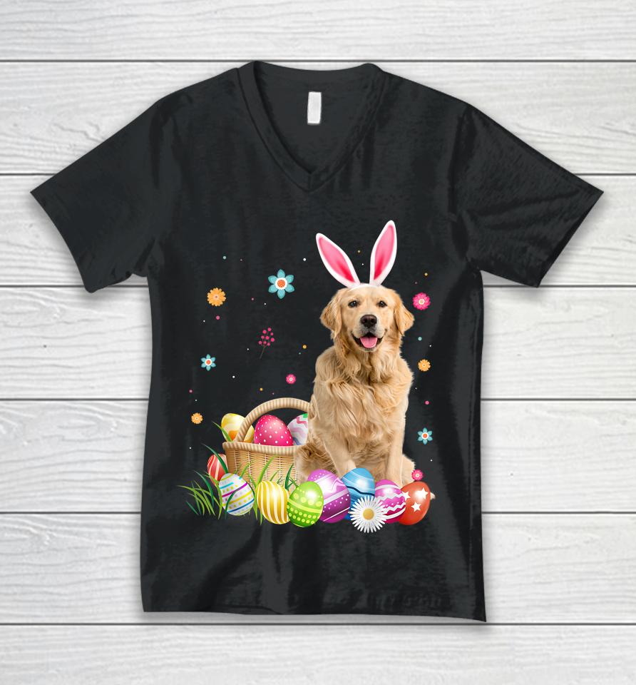 Happy Easter Cute Bunny Golden Retriever Wearing Bunny Ears Unisex V-Neck T-Shirt