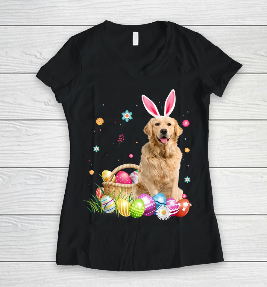 Happy Easter Cute Bunny Golden Retriever Wearing Bunny Ears Women V-Neck T-Shirt