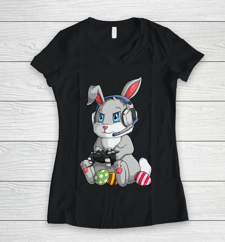 Happy Easter Day Bunny Egg Kids Gamer Women V-Neck T-Shirt