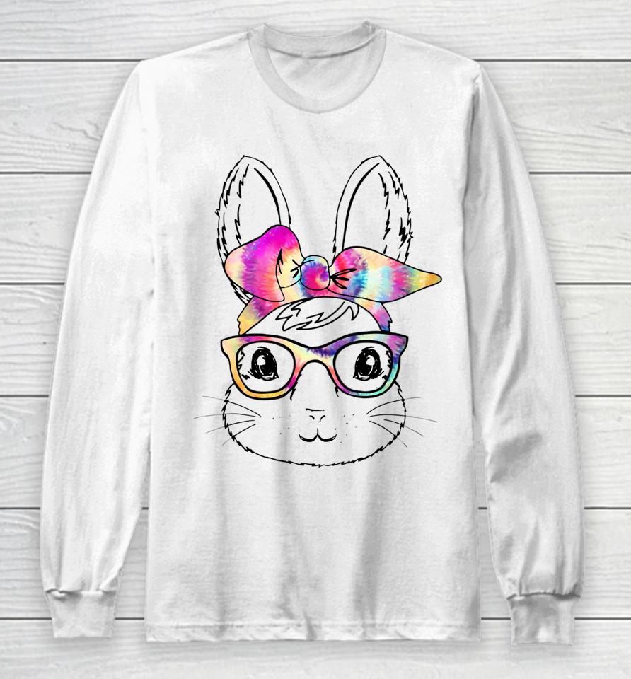Happy Easter Day Cute Bunny Rabbit Face Tie Dye Glasses Girl Easter Long Sleeve T-Shirt