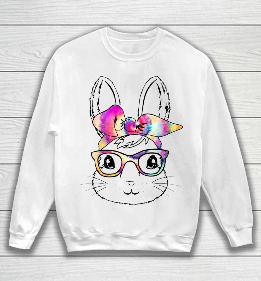 Happy Easter Day Cute Bunny Rabbit Face Tie Dye Glasses Girl Easter Sweatshirt