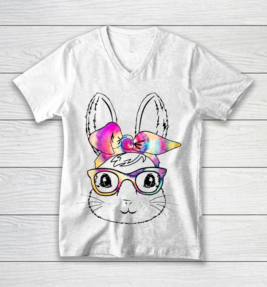 Happy Easter Day Cute Bunny Rabbit Face Tie Dye Glasses Girl Easter Unisex V-Neck T-Shirt