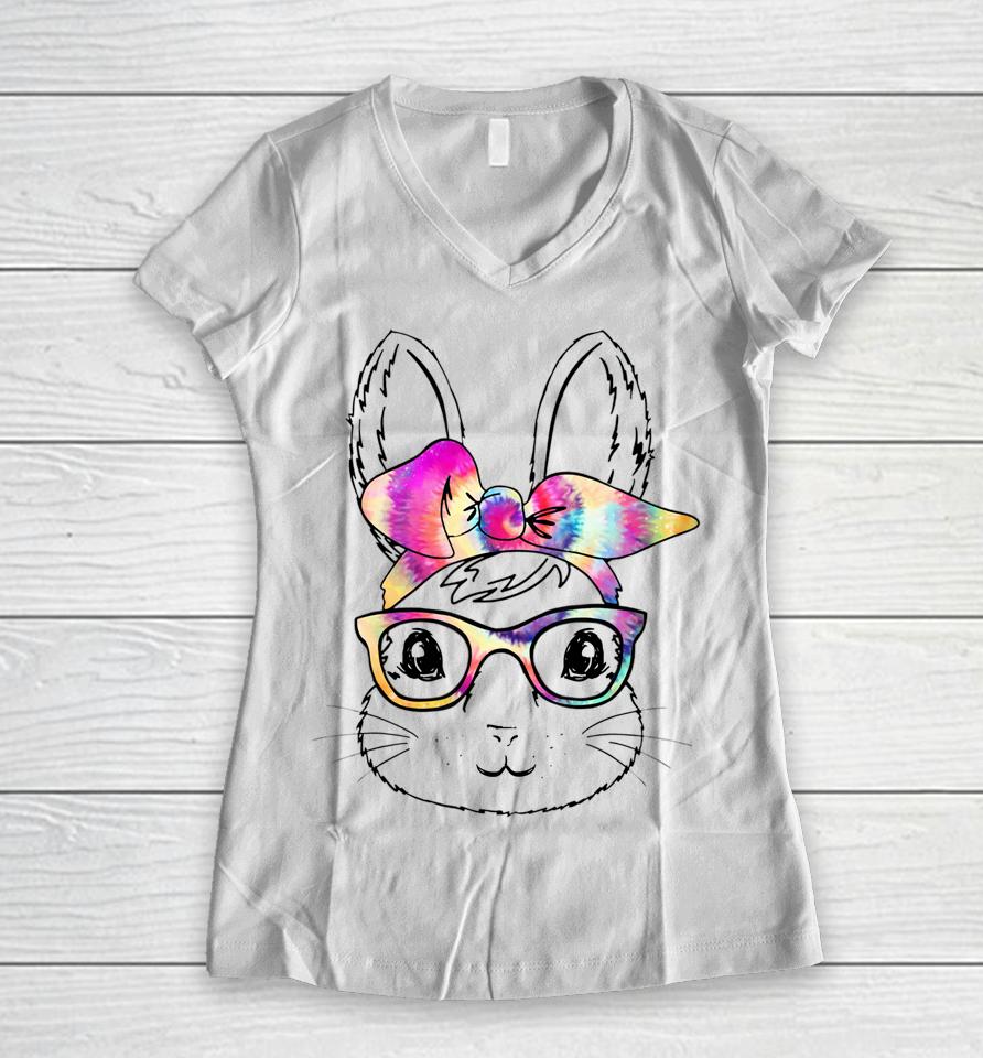 Happy Easter Day Cute Bunny Rabbit Face Tie Dye Glasses Girl Easter Women V-Neck T-Shirt
